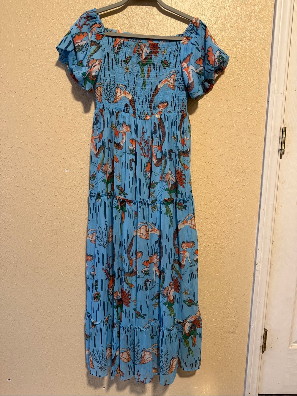 KBTNO Mermaid Dress Size Large Smocked Tiered Ocean Sea Stars Vacation Beach